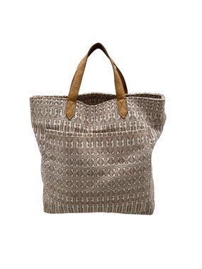 Beige and White Canvas Fabric Tote Bag
